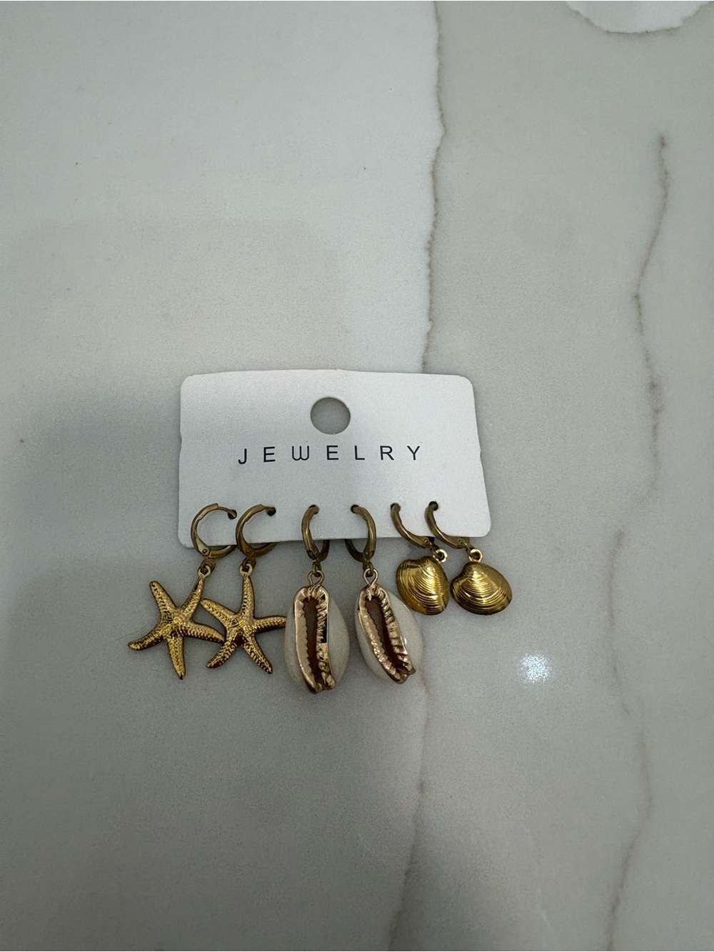 Amazon Gold Beach Charm Hoop Earring Set with Starfish, Cowrie & Clam